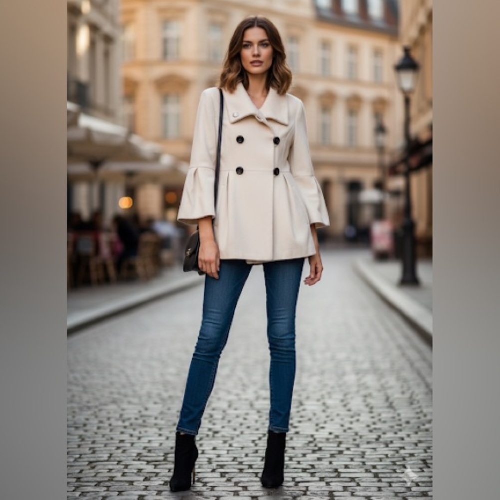 Jones New York Wool Cashmere Pea Coat Cream w/ Bell Sleeves Sz 10